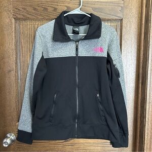 The North Face Women's Black and Gray Hoodie with Pink Logo
